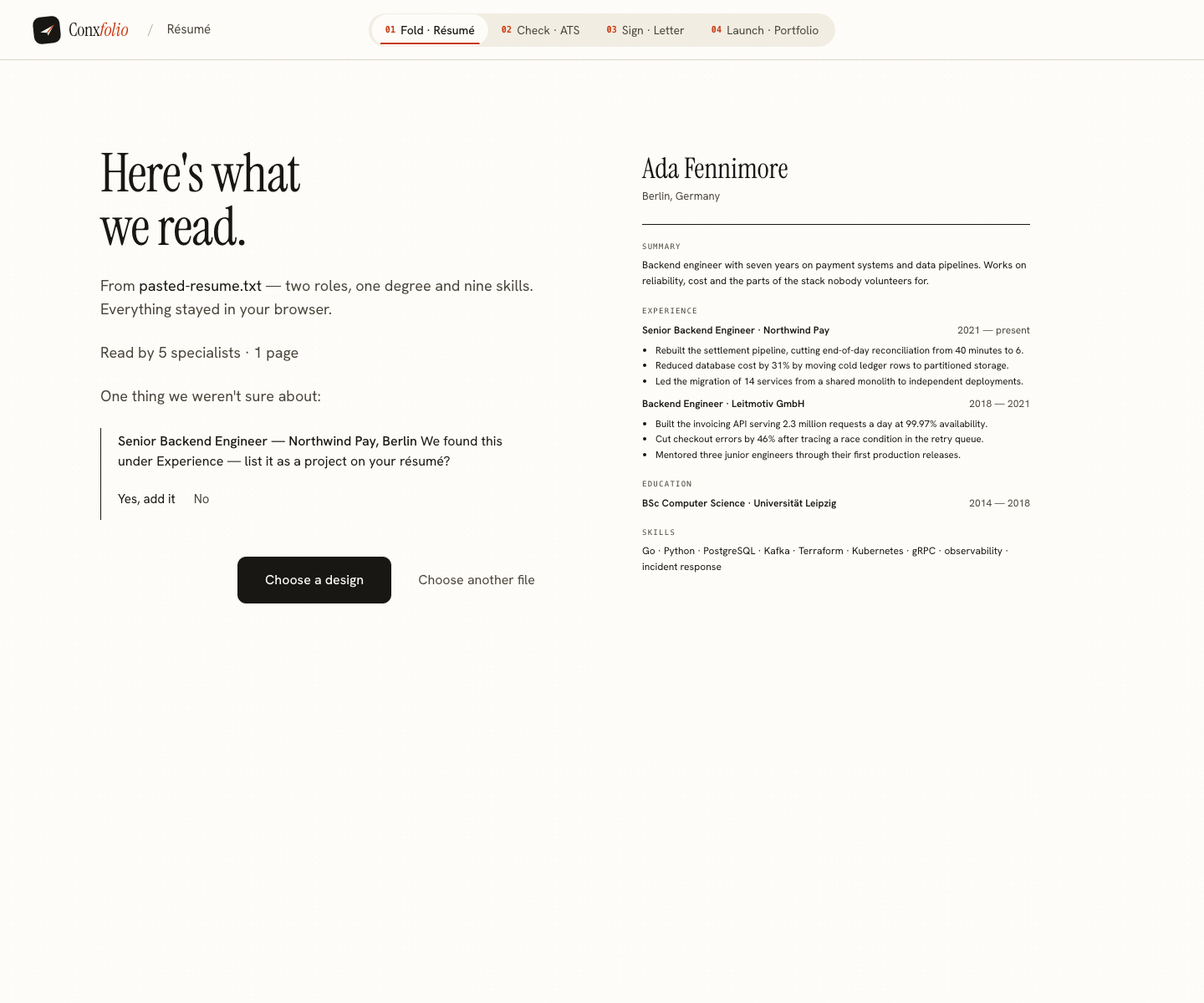 The import review screen showing what was read from the résumé and the one question the readers had