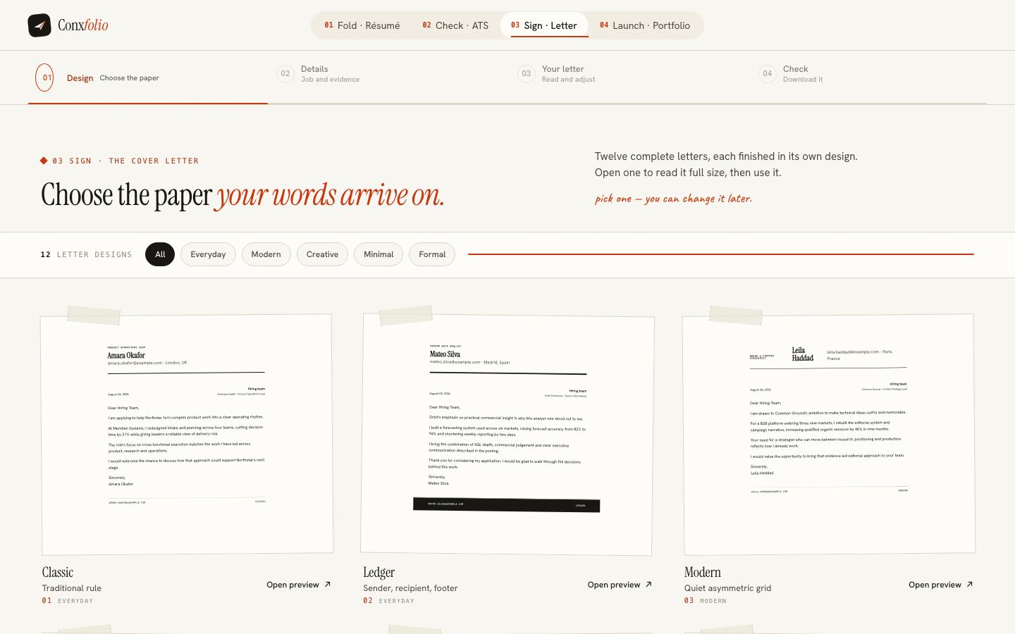 The cover letter design gallery, each card a complete letter rather than a thumbnail