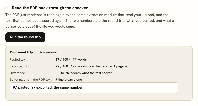 The round-trip receipt showing the pasted score, the exported PDF score and the difference between them